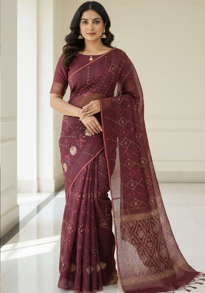 Original Dhakai Jamdani Sare Pure Cotton With Blouse Piece Coffee Color DH 8