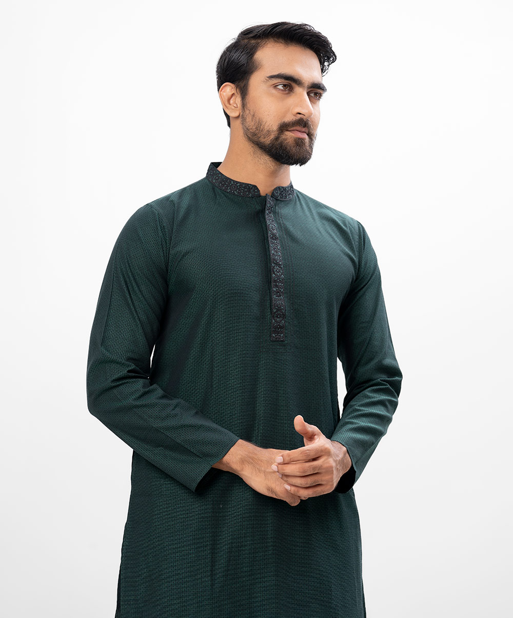 Green Semi Fitted Jacquard Panjabi